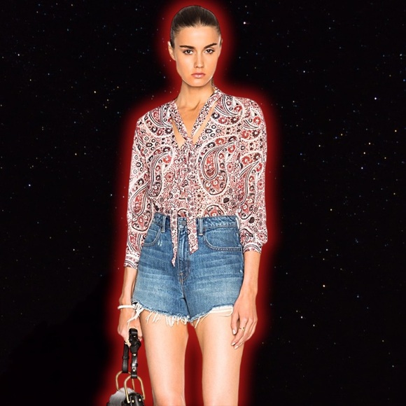 Alice + Olivia ‘Anabel’ Multicolor Burgundy Bohemian Paisley Pussybow Top Size S - Picture 2 of 16